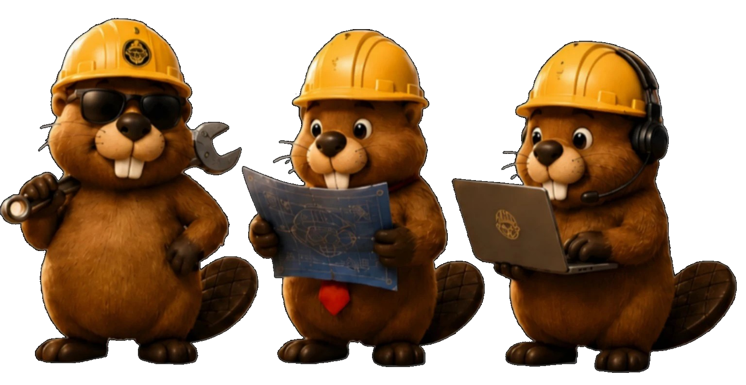 Miner, Bruno, and Stakey — the three DAY ONE beaver builders, wearing hard hats and holding a wrench, a blueprint, and a laptop